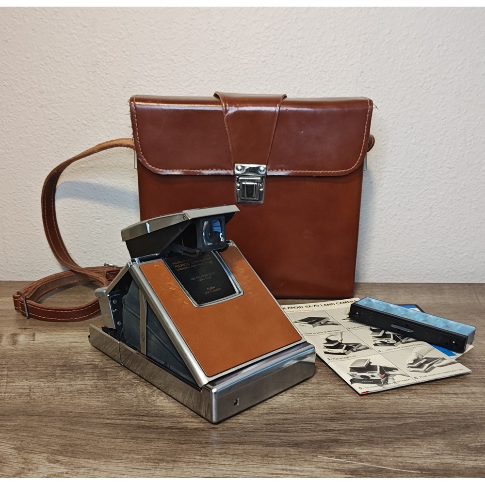 Polaroid SX-70 Land Camera Instant SLR Brown Tan Leather Folding Case Flash Bar